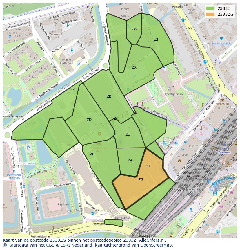 Afbeelding van het postcodegebied 2333 ZG op de kaart.