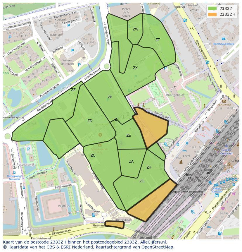 Afbeelding van het postcodegebied 2333 ZH op de kaart.