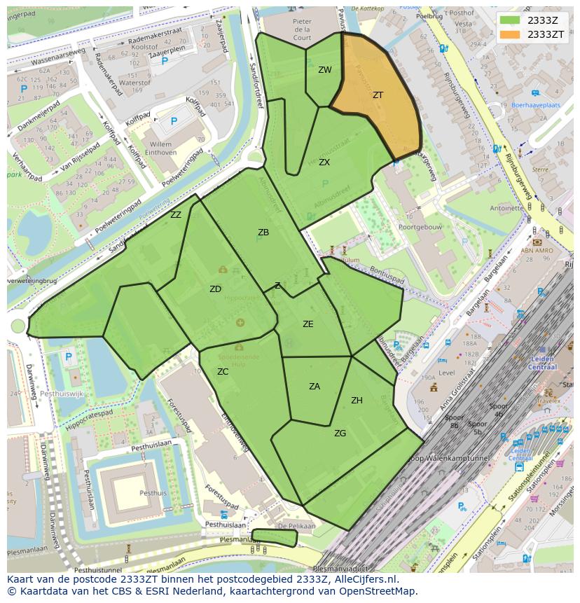 Afbeelding van het postcodegebied 2333 ZT op de kaart.