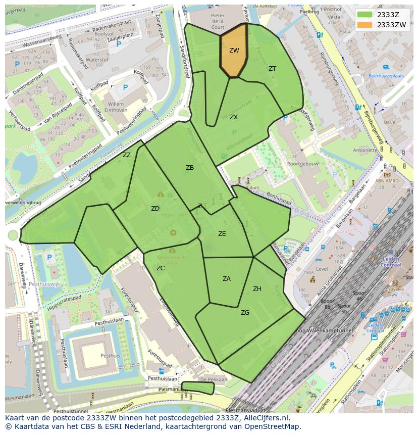 Afbeelding van het postcodegebied 2333 ZW op de kaart.