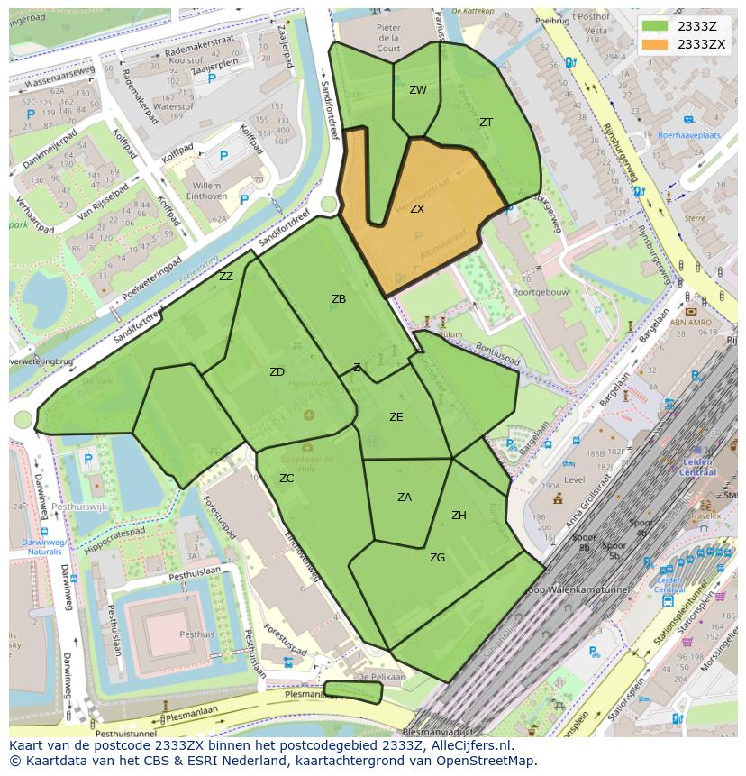 Afbeelding van het postcodegebied 2333 ZX op de kaart.