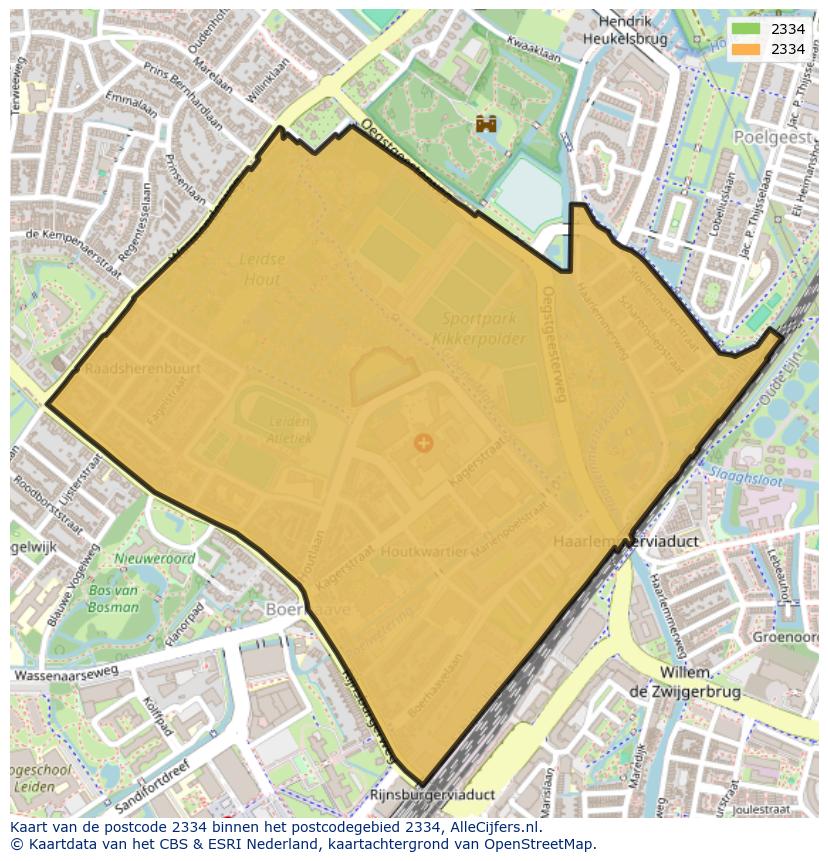 Afbeelding van het postcodegebied 2334 op de kaart.