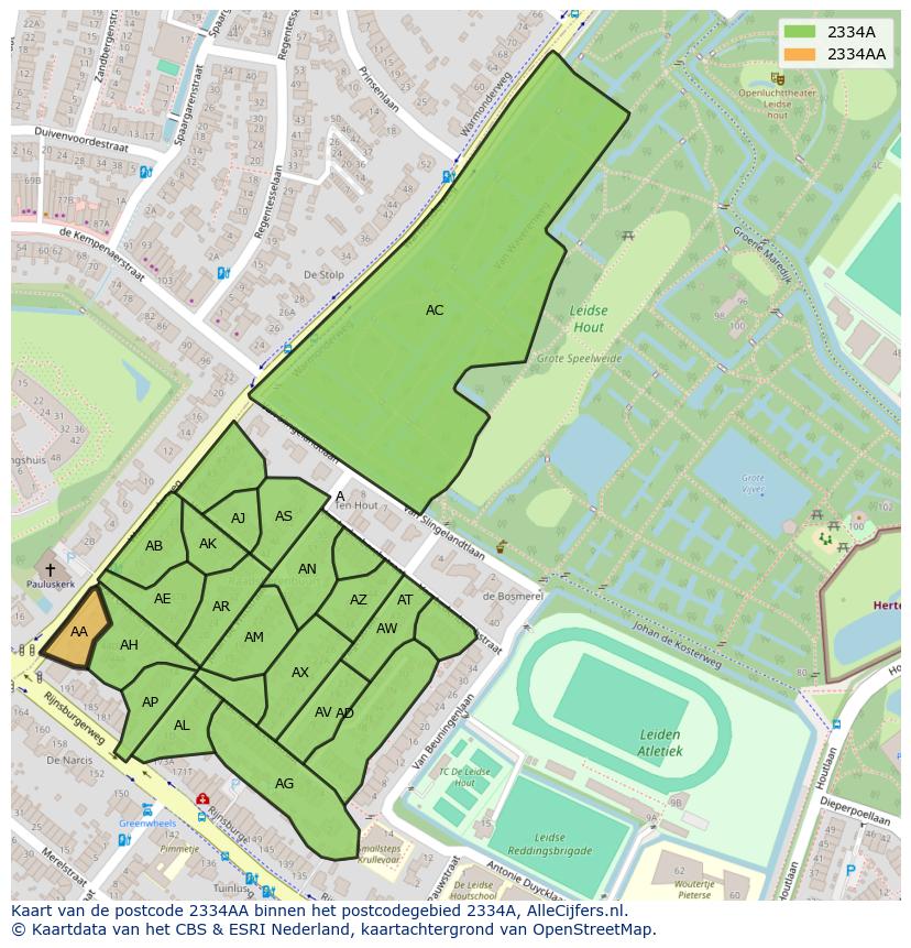 Afbeelding van het postcodegebied 2334 AA op de kaart.