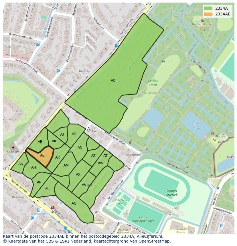 Afbeelding van het postcodegebied 2334 AE op de kaart.