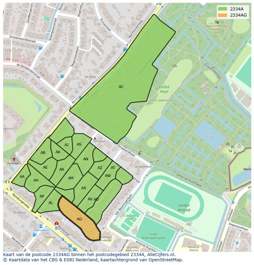 Afbeelding van het postcodegebied 2334 AG op de kaart.