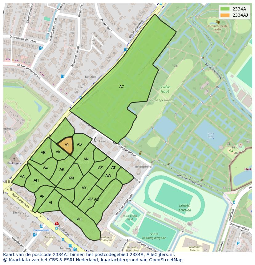 Afbeelding van het postcodegebied 2334 AJ op de kaart.