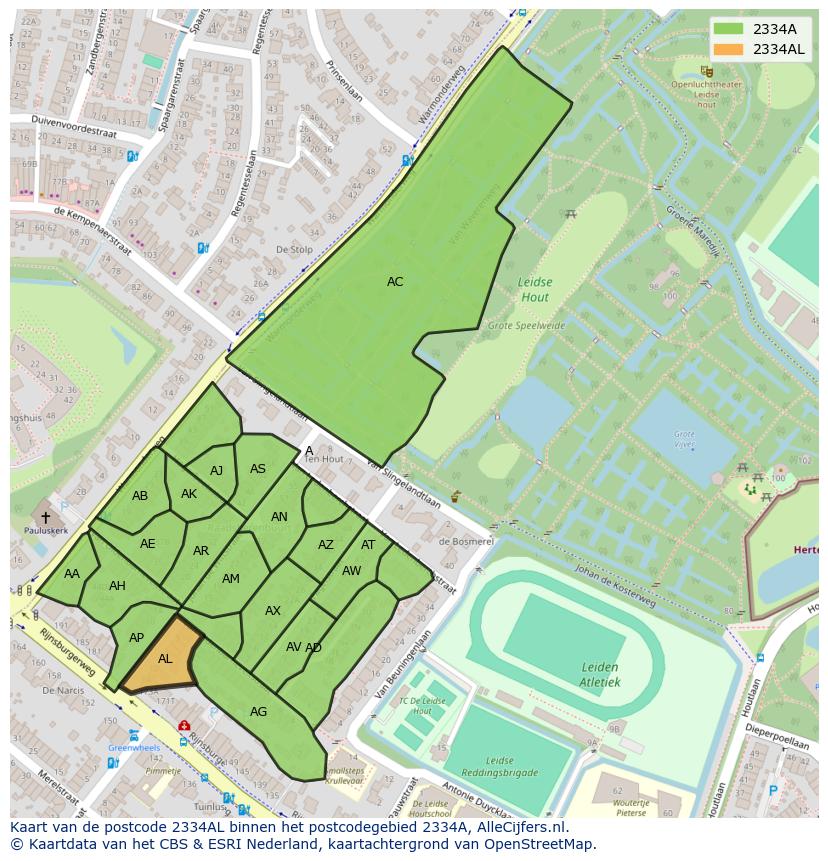 Afbeelding van het postcodegebied 2334 AL op de kaart.