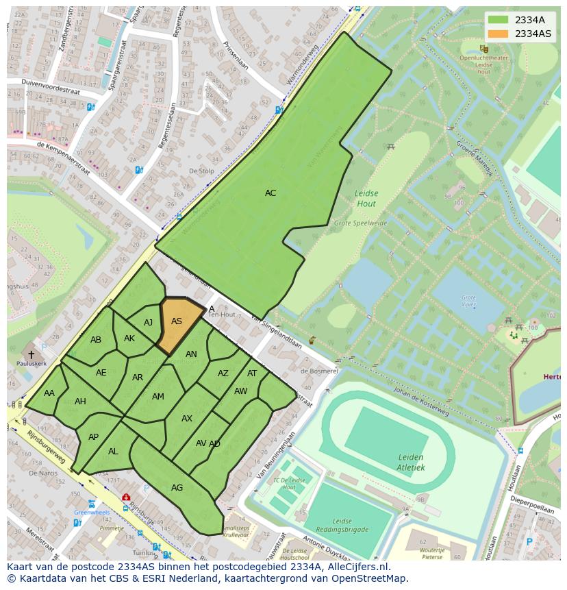 Afbeelding van het postcodegebied 2334 AS op de kaart.