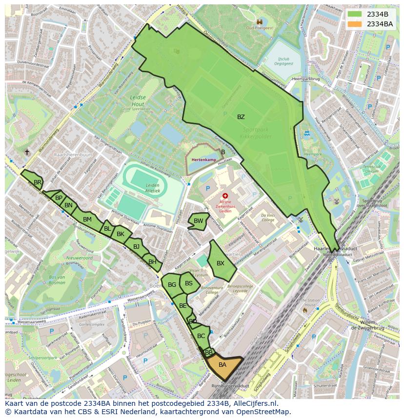 Afbeelding van het postcodegebied 2334 BA op de kaart.