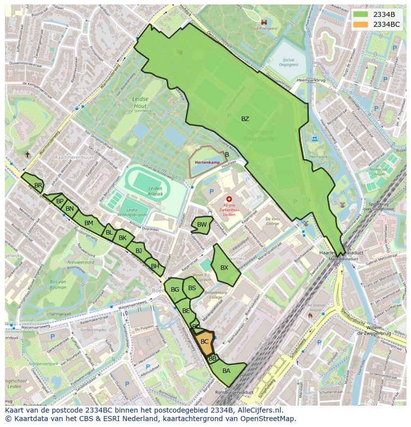 Afbeelding van het postcodegebied 2334 BC op de kaart.