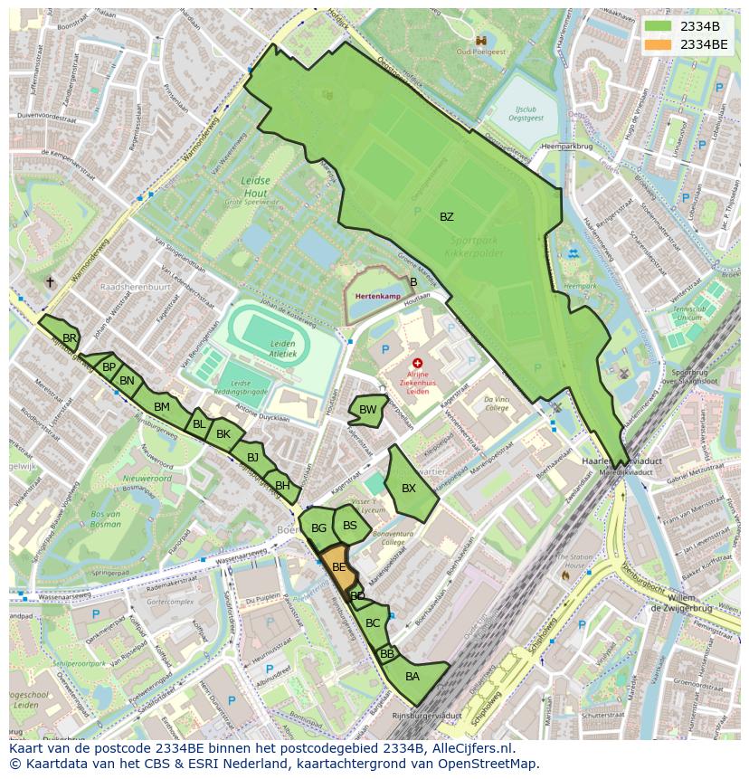 Afbeelding van het postcodegebied 2334 BE op de kaart.