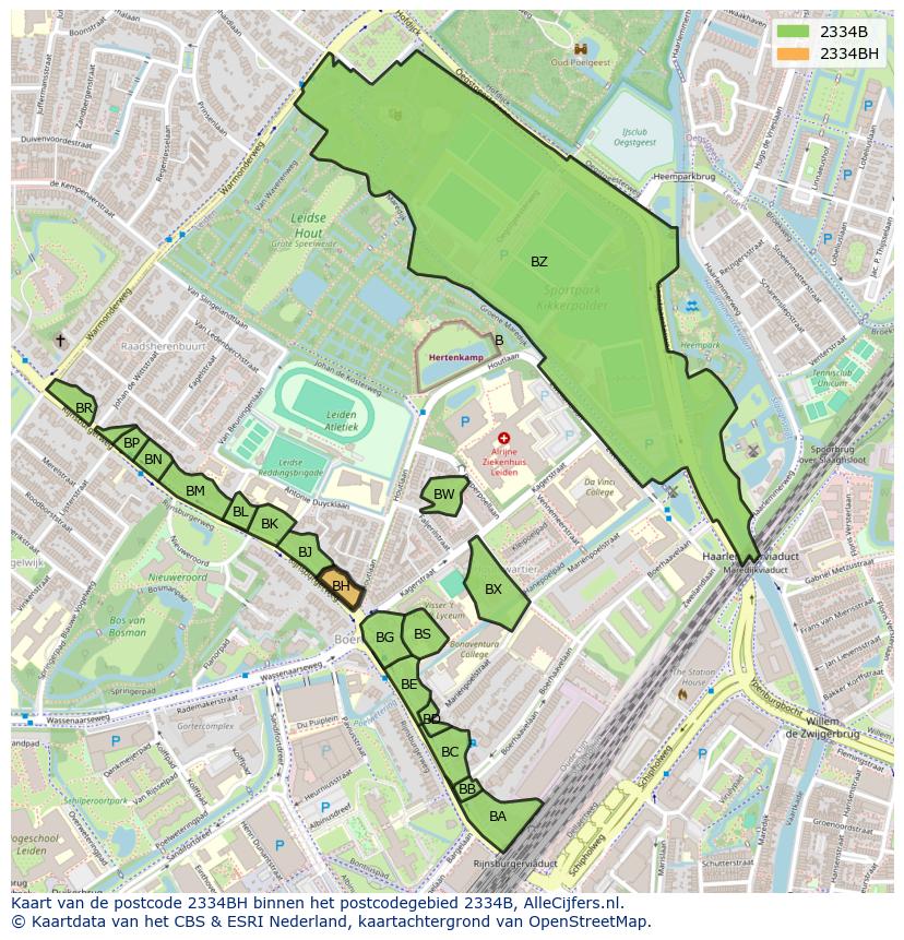 Afbeelding van het postcodegebied 2334 BH op de kaart.