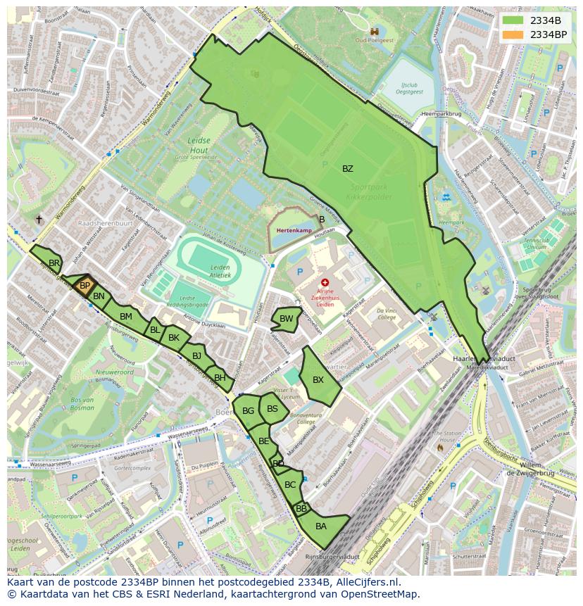 Afbeelding van het postcodegebied 2334 BP op de kaart.