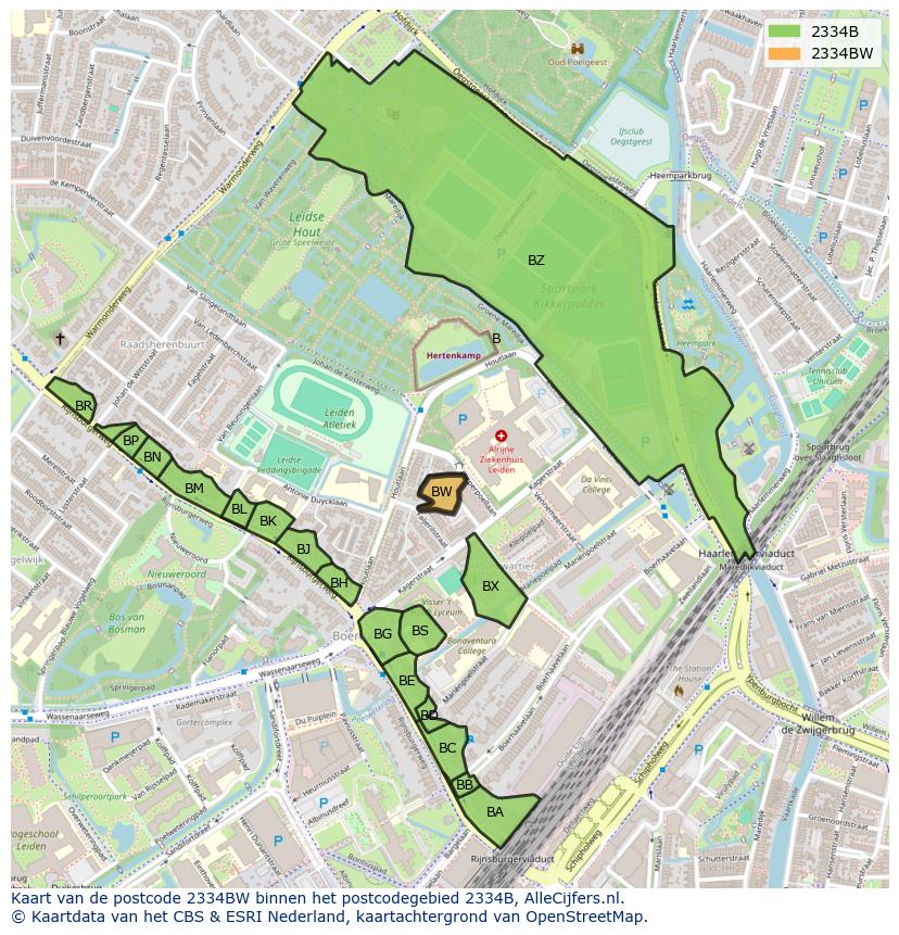 Afbeelding van het postcodegebied 2334 BW op de kaart.