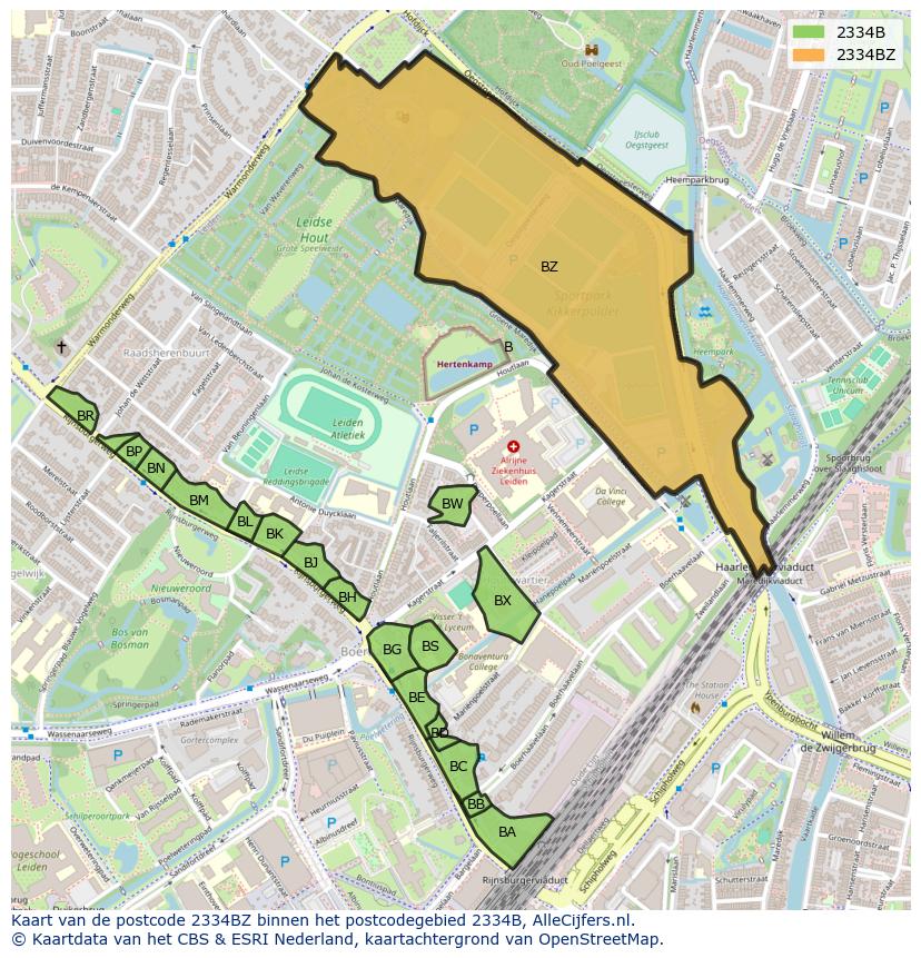 Afbeelding van het postcodegebied 2334 BZ op de kaart.