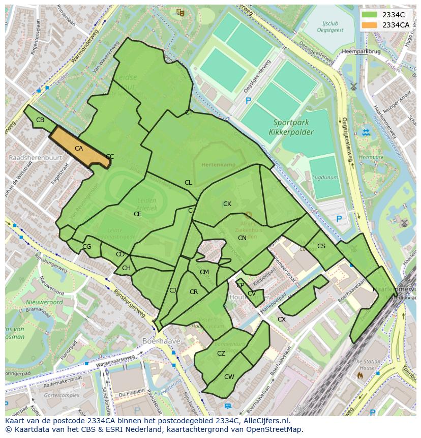 Afbeelding van het postcodegebied 2334 CA op de kaart.