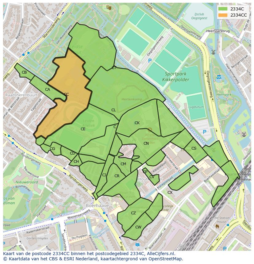 Afbeelding van het postcodegebied 2334 CC op de kaart.