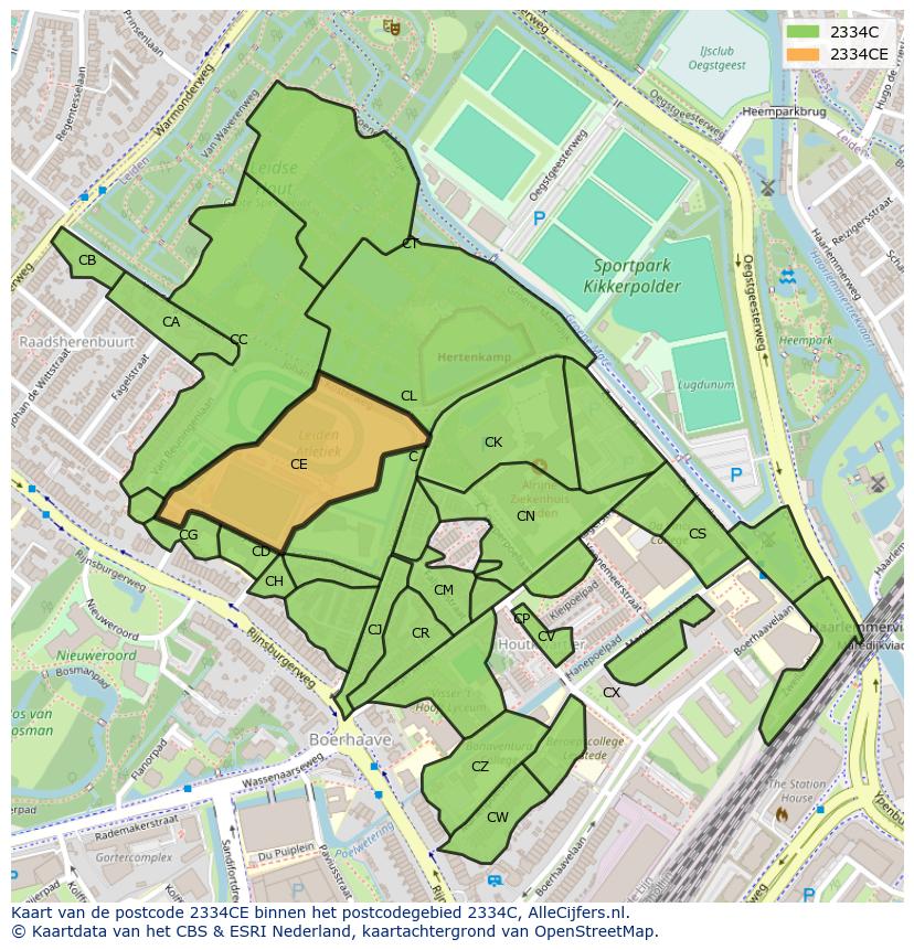 Afbeelding van het postcodegebied 2334 CE op de kaart.