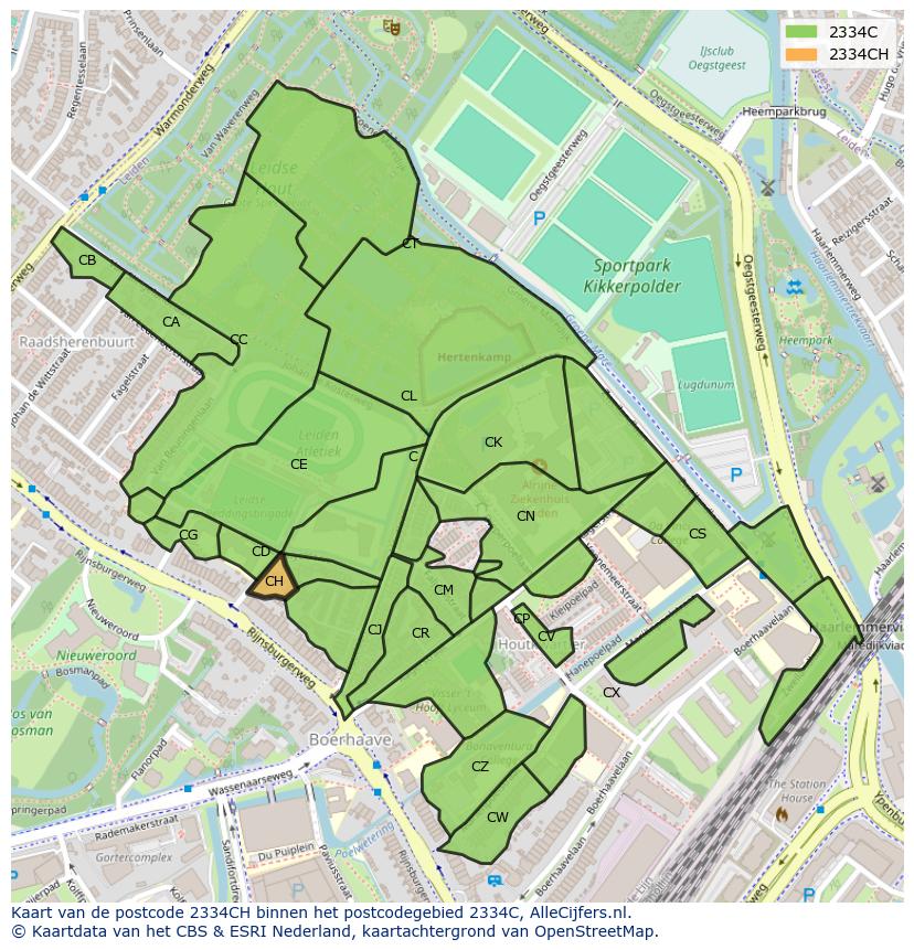 Afbeelding van het postcodegebied 2334 CH op de kaart.
