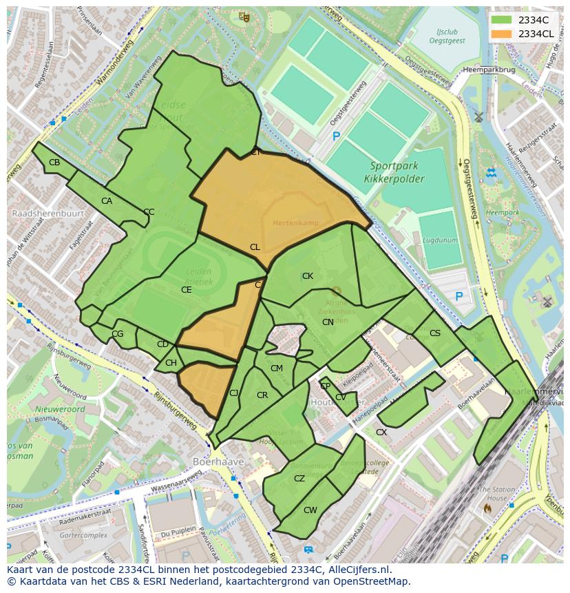 Afbeelding van het postcodegebied 2334 CL op de kaart.
