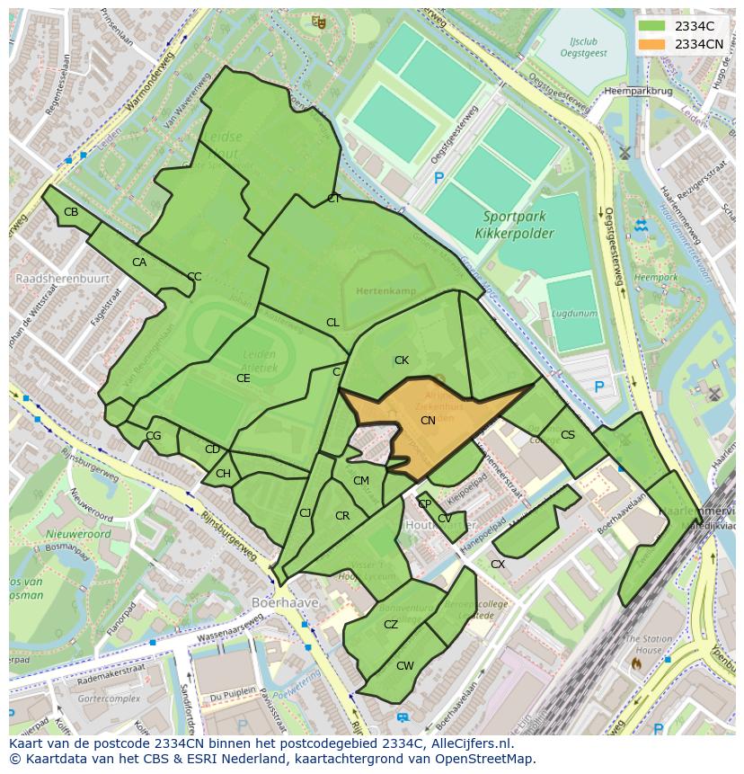 Afbeelding van het postcodegebied 2334 CN op de kaart.