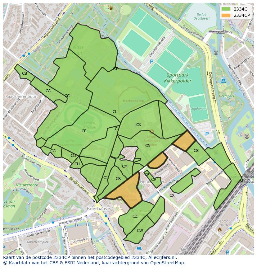 Afbeelding van het postcodegebied 2334 CP op de kaart.