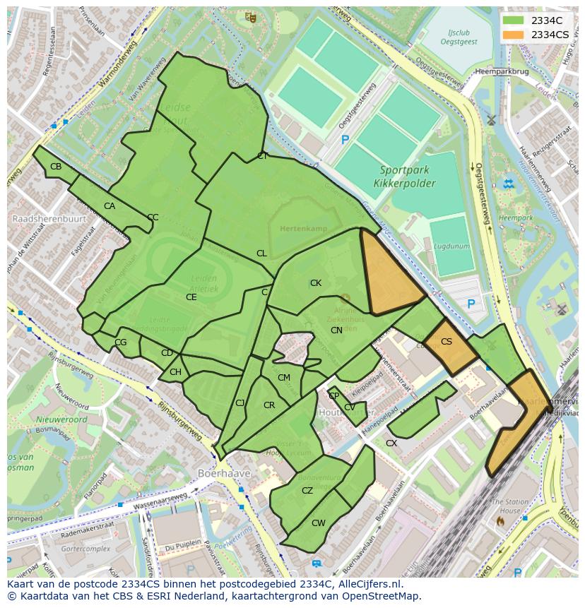 Afbeelding van het postcodegebied 2334 CS op de kaart.