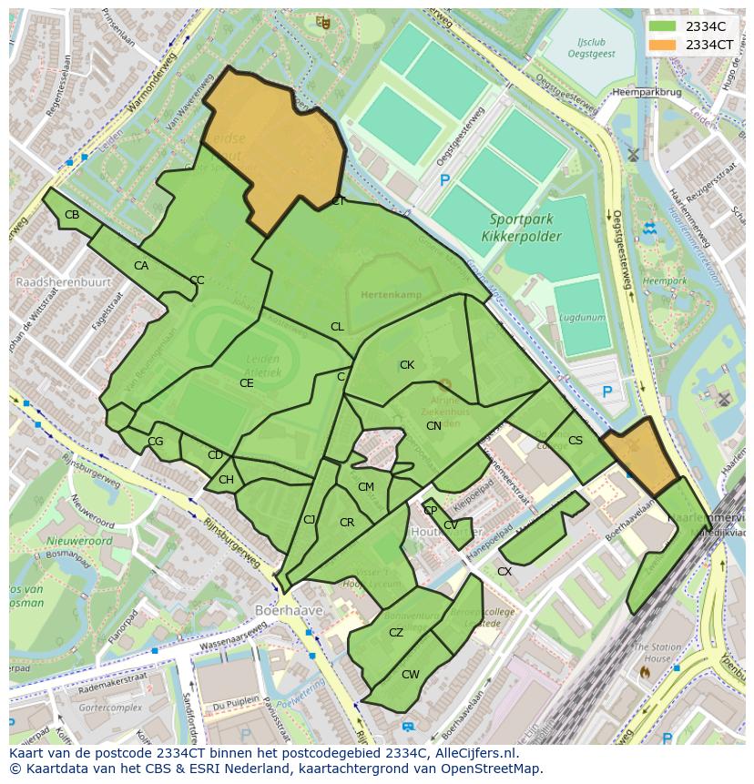 Afbeelding van het postcodegebied 2334 CT op de kaart.