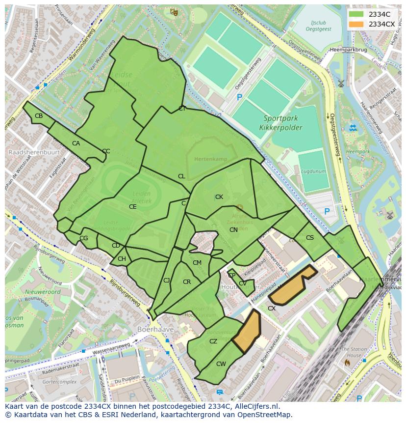 Afbeelding van het postcodegebied 2334 CX op de kaart.