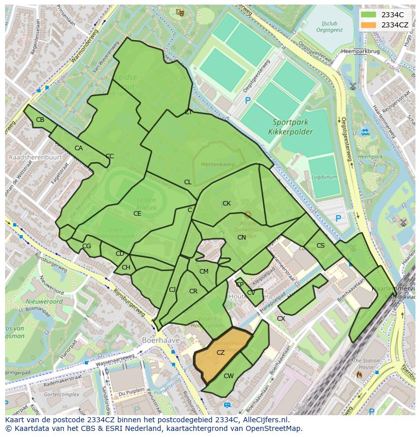 Afbeelding van het postcodegebied 2334 CZ op de kaart.