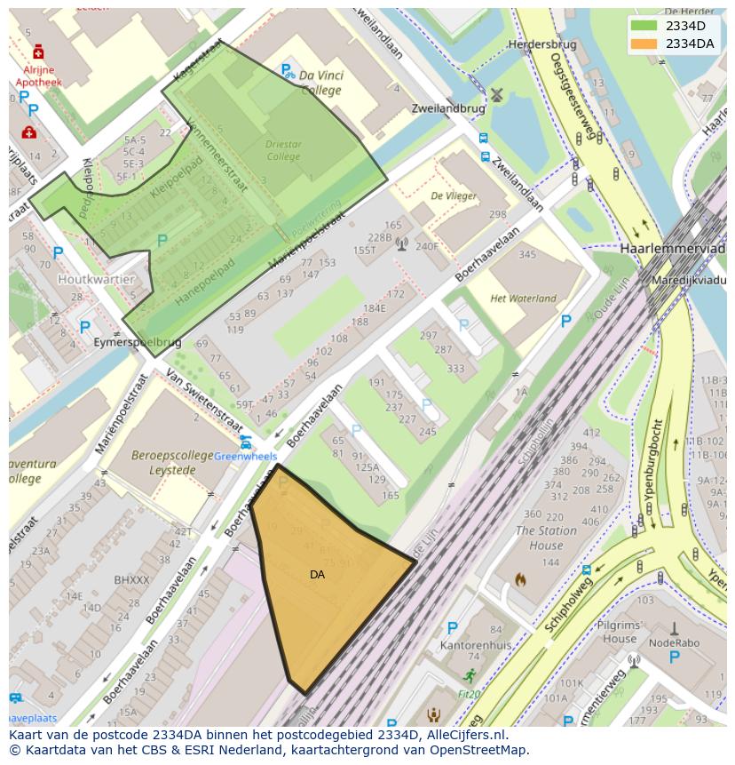Afbeelding van het postcodegebied 2334 DA op de kaart.
