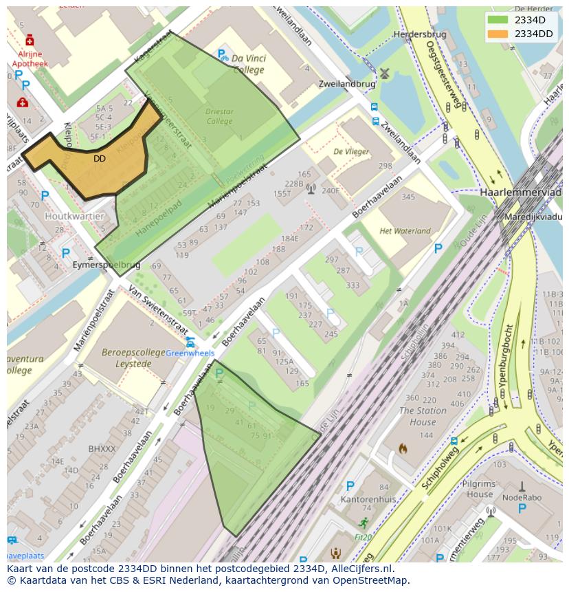 Afbeelding van het postcodegebied 2334 DD op de kaart.