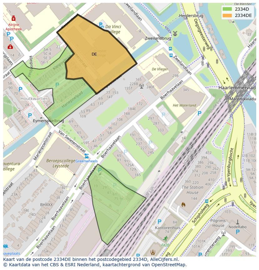 Afbeelding van het postcodegebied 2334 DE op de kaart.