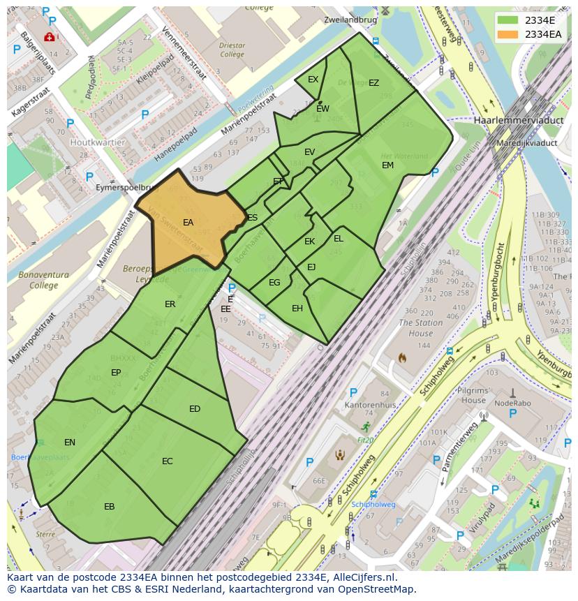 Afbeelding van het postcodegebied 2334 EA op de kaart.