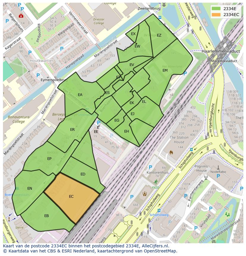Afbeelding van het postcodegebied 2334 EC op de kaart.