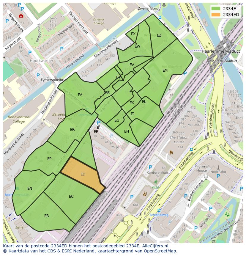 Afbeelding van het postcodegebied 2334 ED op de kaart.