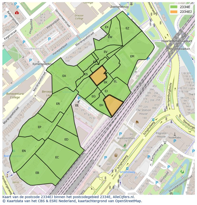 Afbeelding van het postcodegebied 2334 EJ op de kaart.