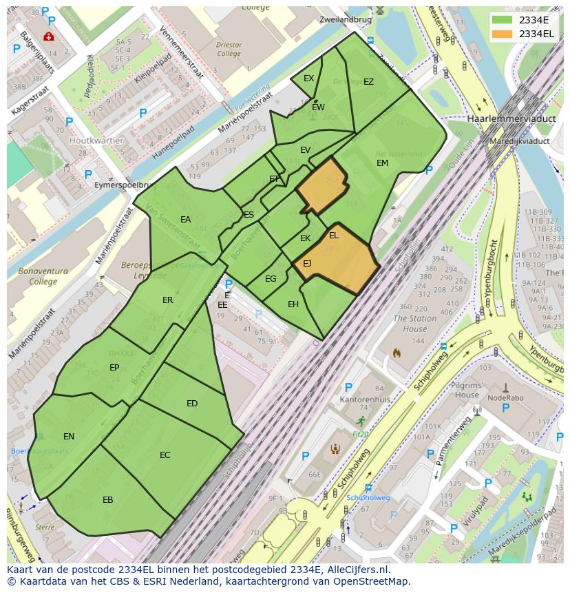 Afbeelding van het postcodegebied 2334 EL op de kaart.