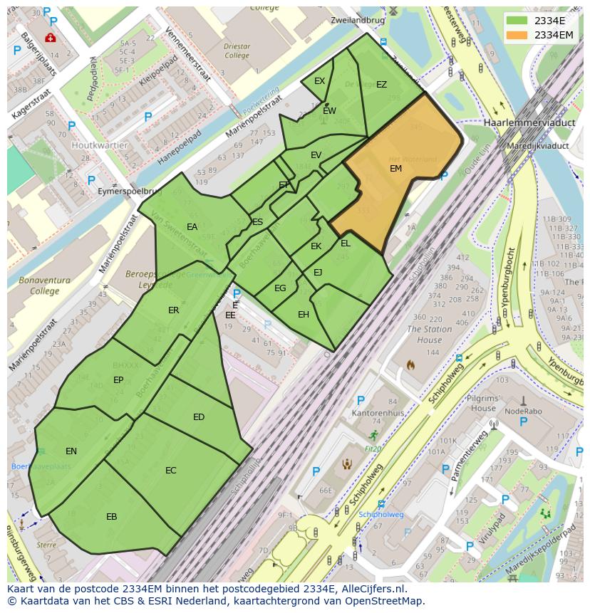 Afbeelding van het postcodegebied 2334 EM op de kaart.