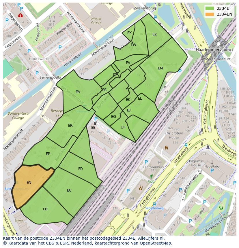 Afbeelding van het postcodegebied 2334 EN op de kaart.