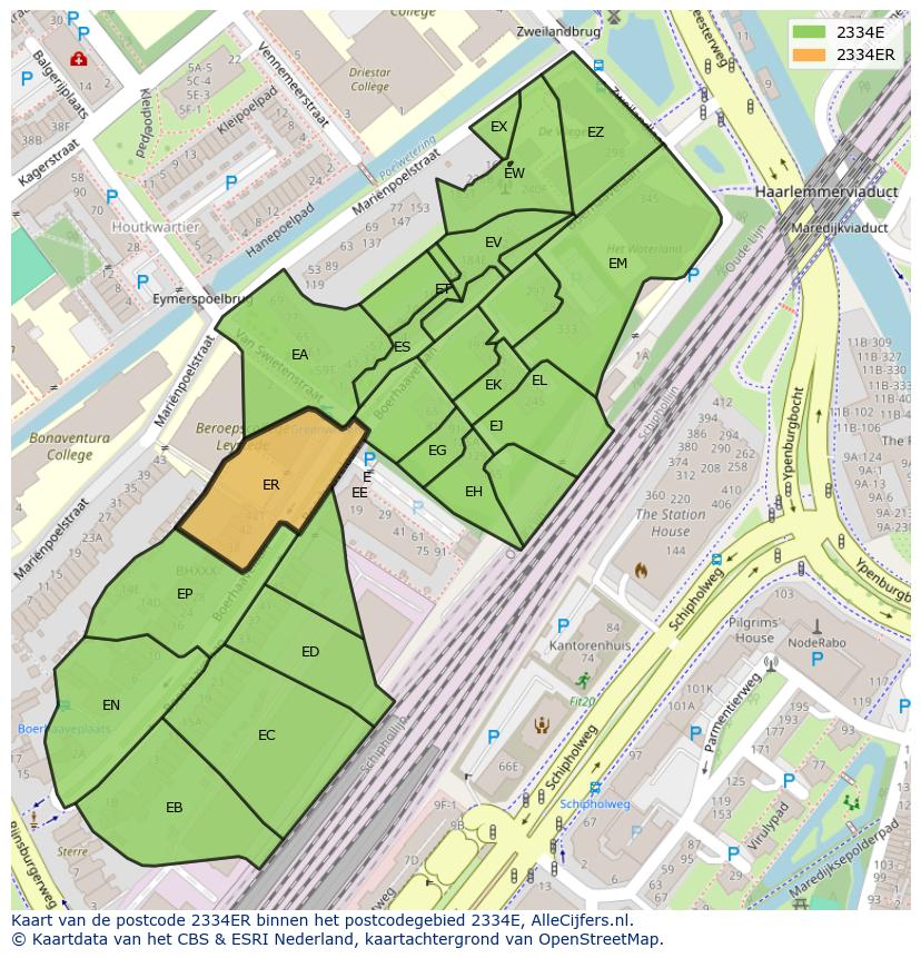 Afbeelding van het postcodegebied 2334 ER op de kaart.