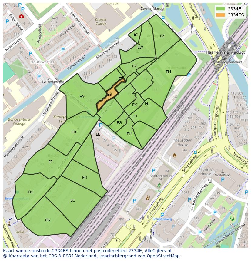 Afbeelding van het postcodegebied 2334 ES op de kaart.