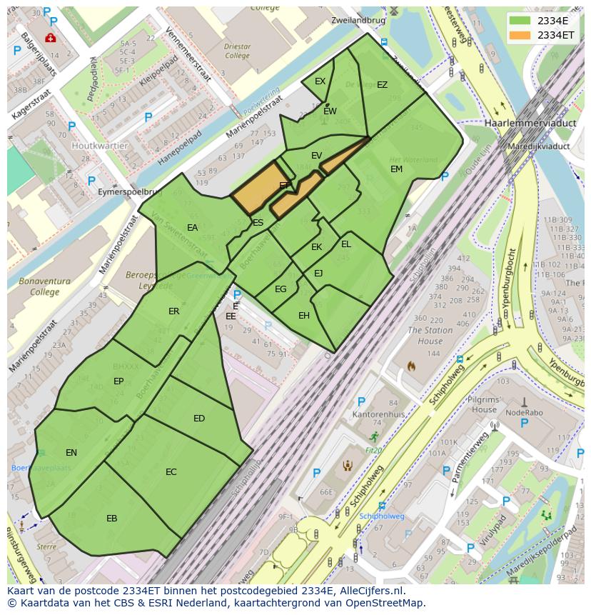 Afbeelding van het postcodegebied 2334 ET op de kaart.