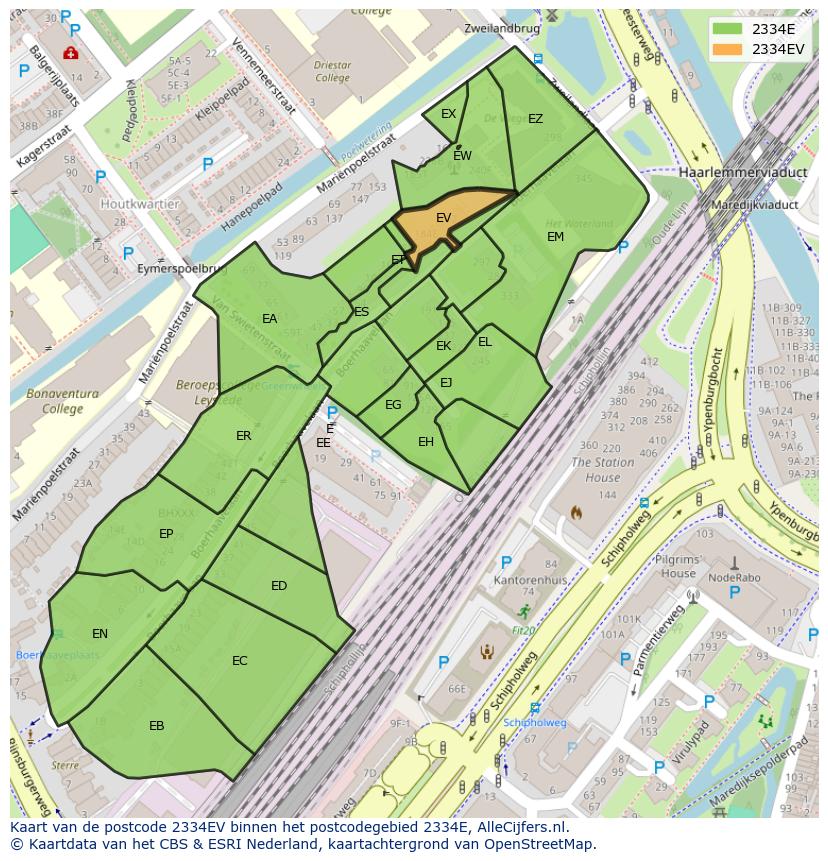 Afbeelding van het postcodegebied 2334 EV op de kaart.