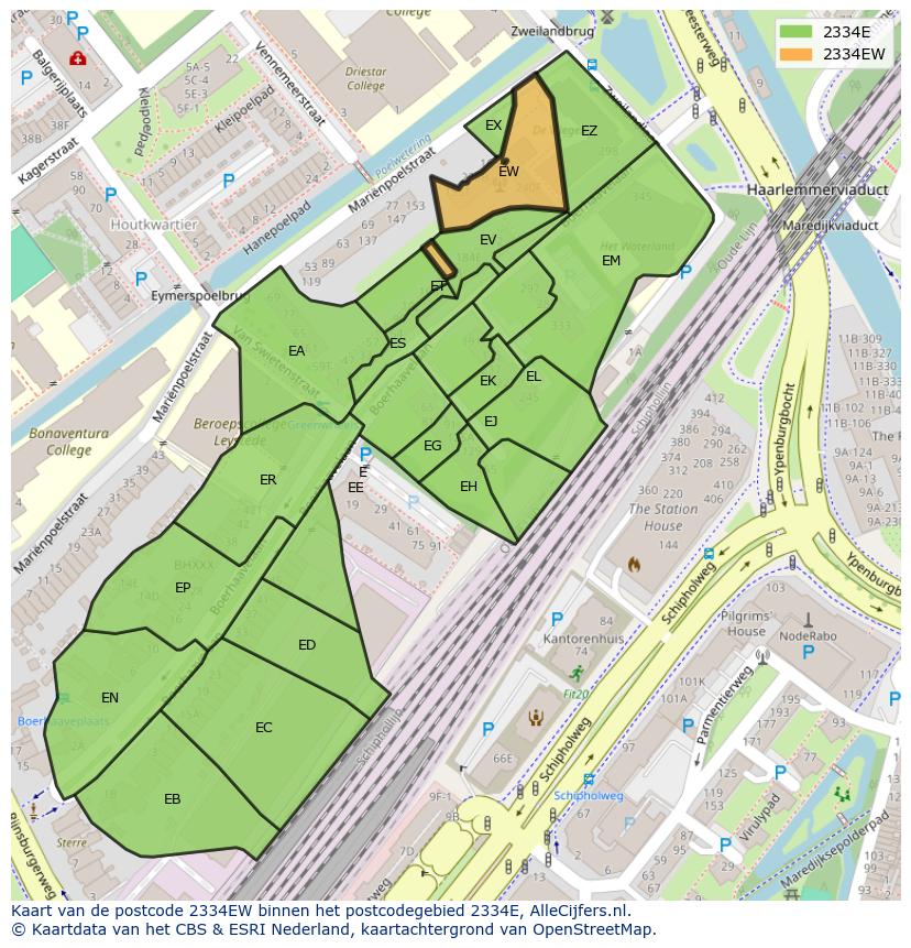 Afbeelding van het postcodegebied 2334 EW op de kaart.