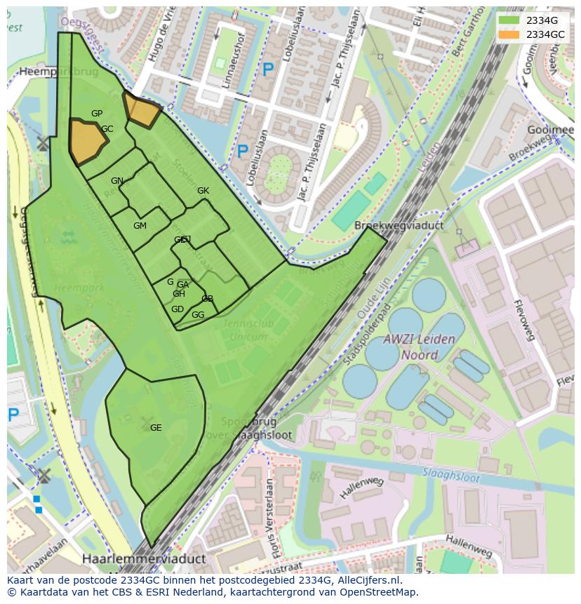 Afbeelding van het postcodegebied 2334 GC op de kaart.