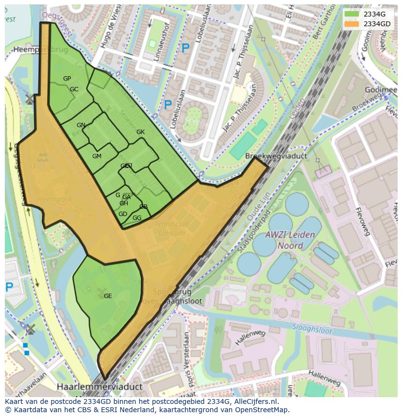 Afbeelding van het postcodegebied 2334 GD op de kaart.