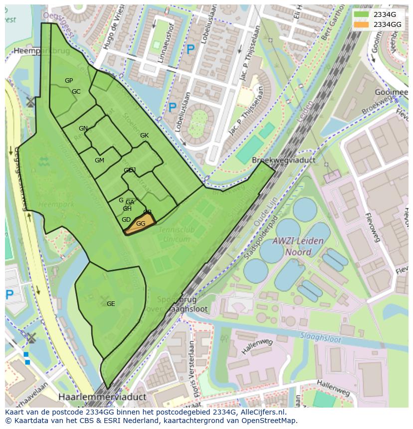 Afbeelding van het postcodegebied 2334 GG op de kaart.