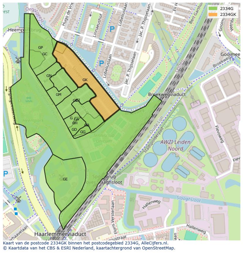 Afbeelding van het postcodegebied 2334 GK op de kaart.