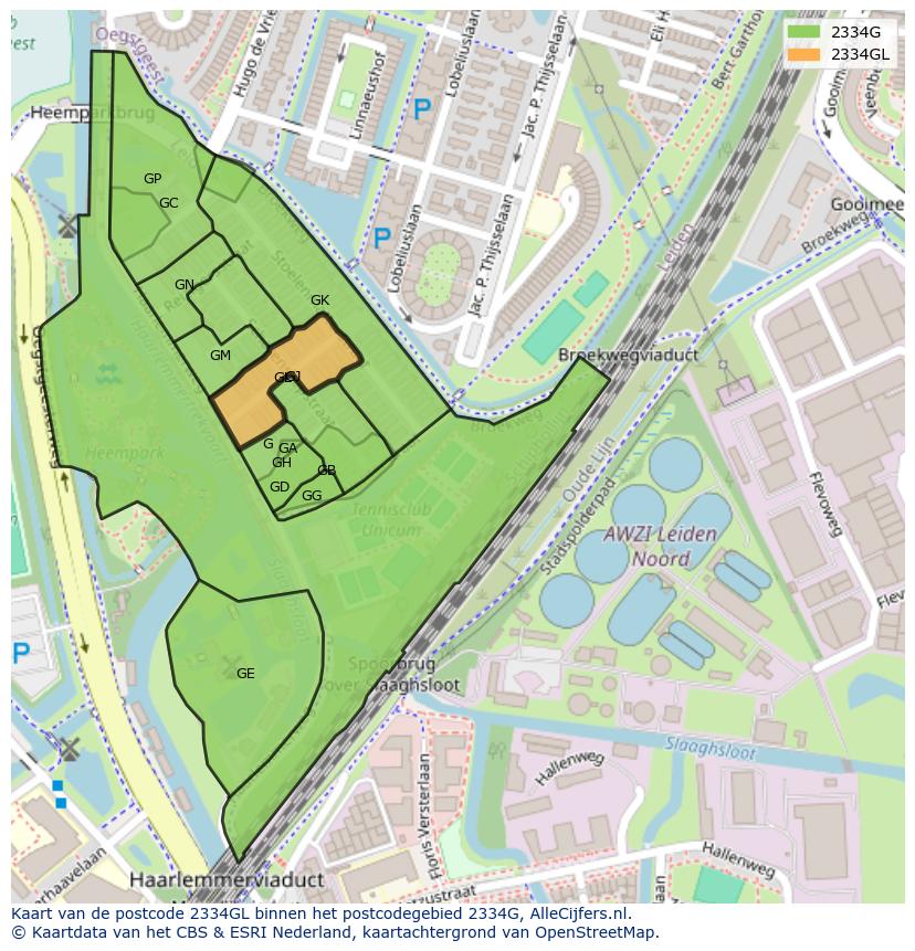 Afbeelding van het postcodegebied 2334 GL op de kaart.